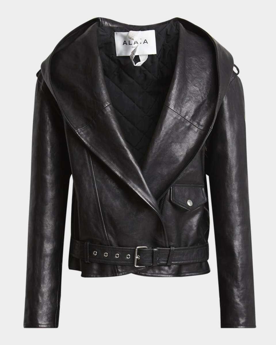 Hooded Wrap Moto Leather Jacket